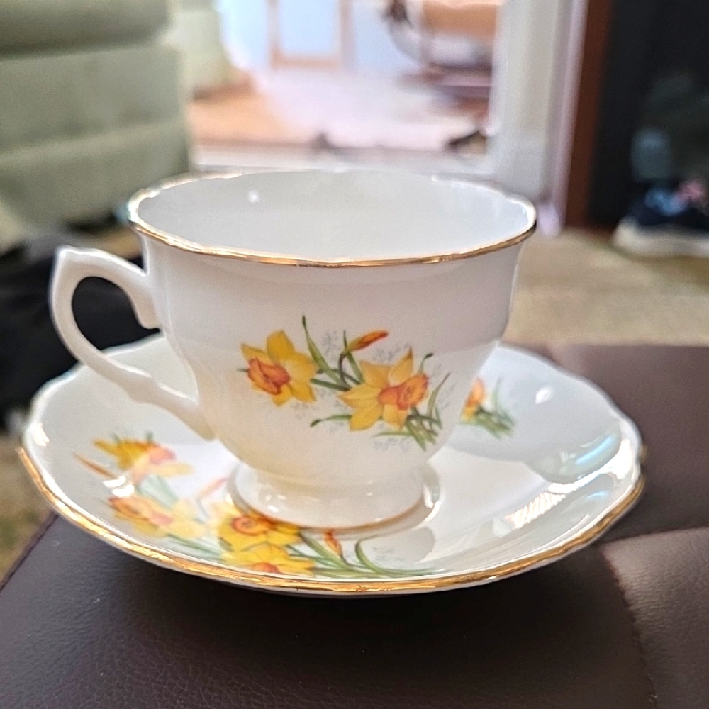 Vintage Royal Vale Bone China "Daffodil" Cup & Saucer Set. Perfect Condition.